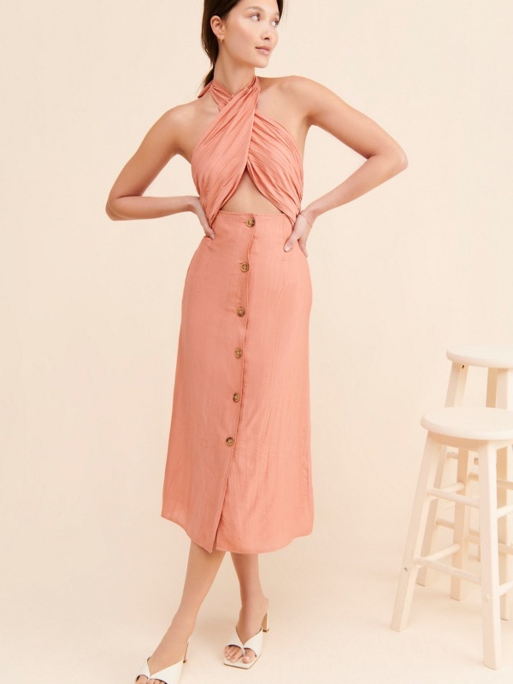 Line & Dot Karina Midi Dress Peach Halter Twist Summer Flowy Size Small